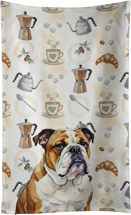 Caroline's Treasures Brindle and White English Bulldog Coffee Bar Kitchen Towel Velour Plush Front and Cotton Loop Back Machine Washable