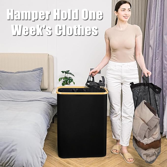 Hampers for Laundry Basket with Lid, 145L Extra Large 3 Section Clothes Divided Organizer for Bedroom, Laundry Room, Dirty Clothing Hamper, Black
