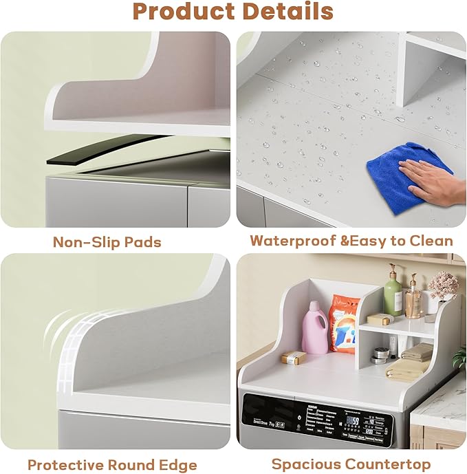 DTK Washer Dryer Countertop with Shelf,27.5" D x 27" W x 11.8" H Wood Countertop for Washer and Dryer,Laundry Countertop with Anti-Slip Strips and Edge Rails,Dryer Countertop for Laundry Room(White)