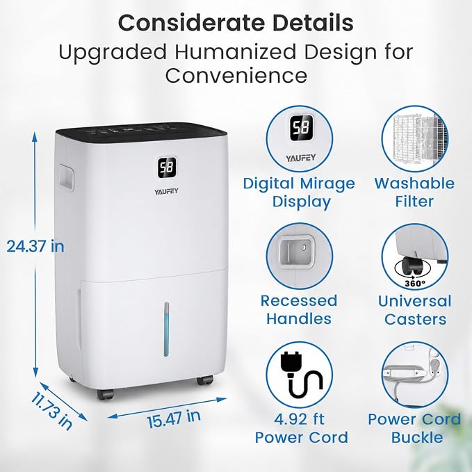 Yaufey 150 Pints Dehumidifier for Home, Basement and Large Room up to 8000 Sq. Ft., with Drain Hose, Timer, Intelligent Humidity Control and Large Water Tank