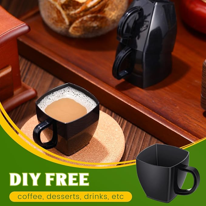 Amyhill 100 Pcs 5 oz Disposable Tea Cups Bulk with Handle Mini Hard Plastic Coffee Mug Square Disposable Espresso Cups for Tea Party Wedding Catering Dessert Sampling (Black)