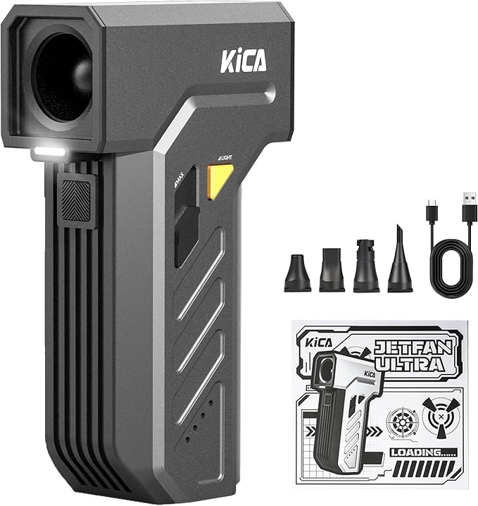 Kica Jet Fan Ultra Compressed Air Duster, 130,000 RPM Electric Air Duster, 48m/s Airflow, Stepless Speed Control & Turbo, 4 Magnetic Nozzles, Dual LED Light, USB-C Rechargeable for PC, Car & Keyboard