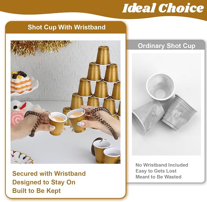 50 Pcs Gold Shot Cups with Wristband for Party 2oz Plastic Shot Glasses Disposable Mini Shot Glasses Bulk with Wrist Coil 2oz Solo Cups for Festival Birthday Favor Wedding Halloween Party Supplies
