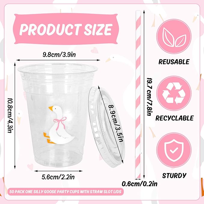Whaline 50 Pcs One Silly Goose Disposable Plastic Cups with Lids and Straws 12 Oz Cute Pink Bow Goose Cold Beverage Drinking Cups for First Birthday Baby Shower Party Supplies