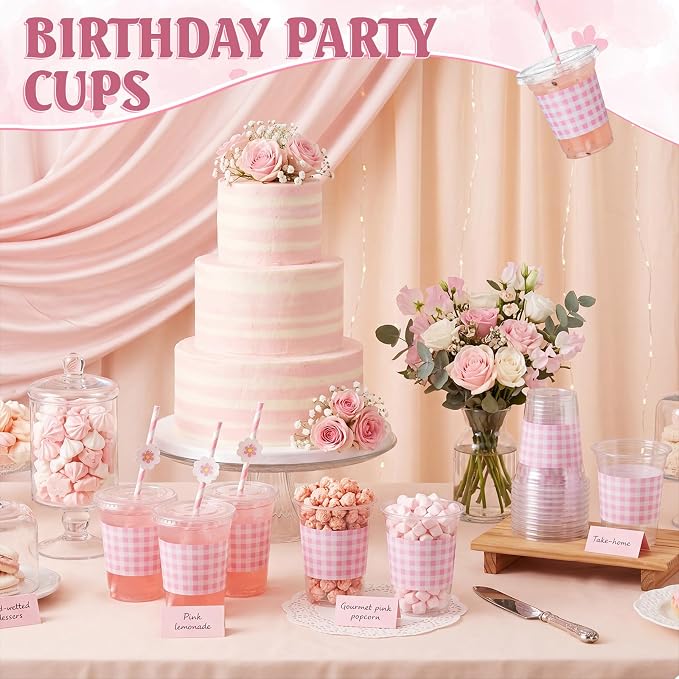 Domensi 25 Sets Pink and White Gingham Plastic Cups with Lids and Paper Straws 12oz Checkered Disposable Drinking Cups Bulk for Cold Drinks Baby Shower Wedding Birthday Summer Party Supplies