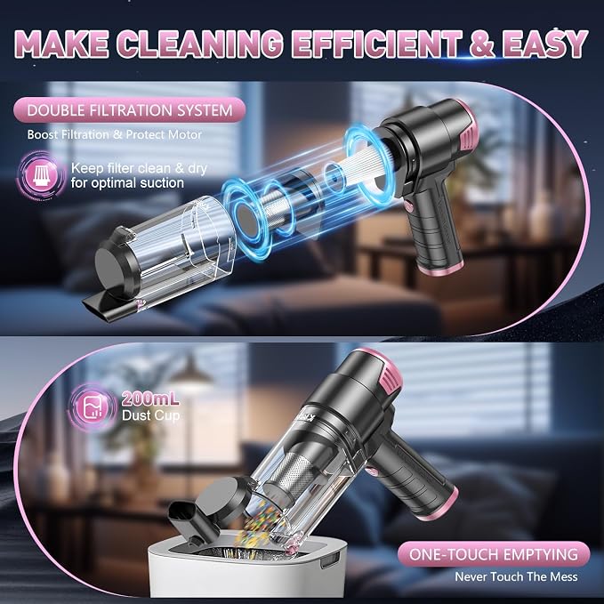 KMM Handheld Car Vacuum Cleaner, 16000PA Air Duster & Vacuum Cleaner, 120W High Power Hand Held Vacuum Cordless, Portable Vacuum Rechargeable with Multi-Nozzles & LED Light for Car, Home, Pet, Office