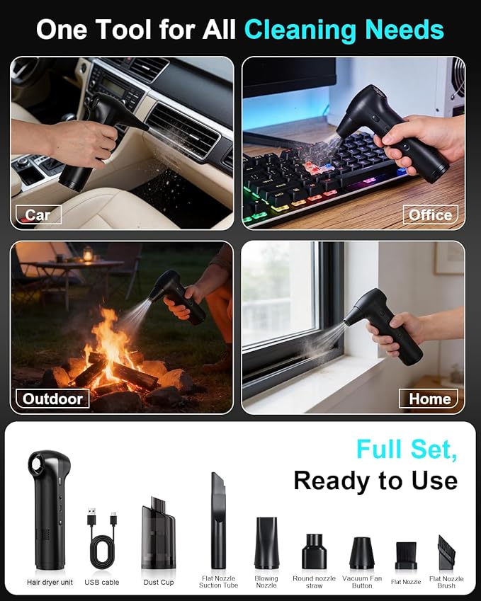 Electric Air Duster & Vacuum 2-in-1, Dual Brushless Motor 130000RPM Compressed Air Duster, 16000PA Handheld Vacuum, 3 Speed Mini Blower, Fast Charging 6000mAh Rechargeable, Keyboard Car Cleaning Kit