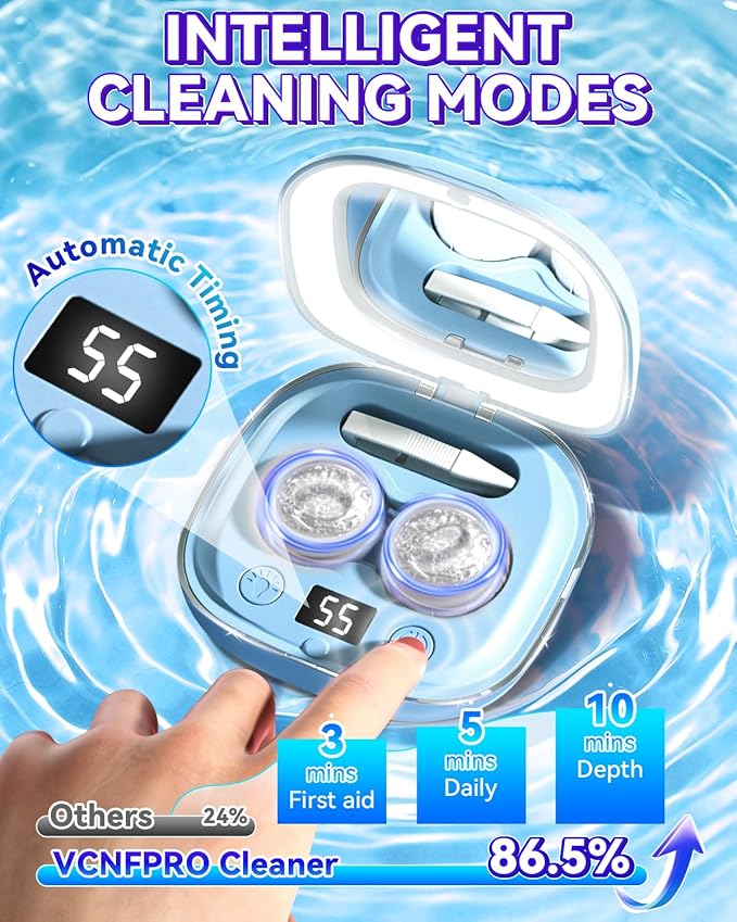 2025 Upgraded Ultrasonic Contact Lens Cleaner【50KHz Germany Super Motor】【Top1 Intelligent Chip-Smart Modes】【Rechargeable】 Gentle Cleaning & 99% Brightness, Portable Soft Contact Lens Tools (Blue)