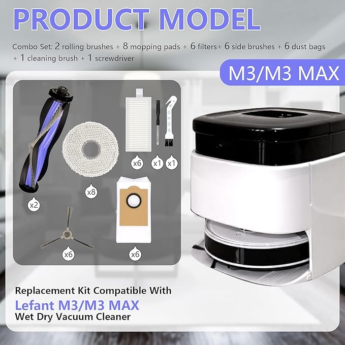 Replacement Parts Accessories Compatible with Lefant M3/ M3 MAX Robot Vacuum (2 Main Brush, 6 Hepa Filter, 6 Dust Bags, 8 Mop Pads, 6 Side Brushes,1 Screwdriver,1 Cleaning Brush) (M3/M3 MAX)