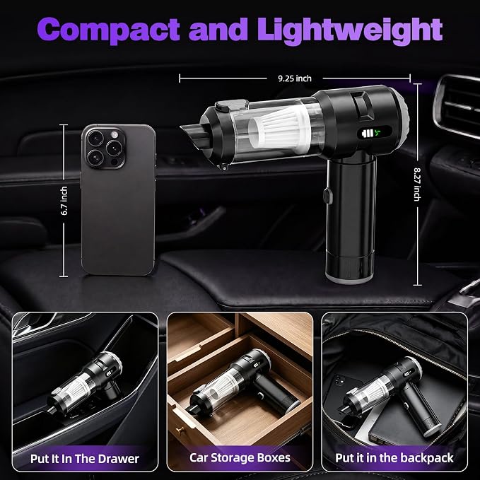 Wansimoo Handheld Car Vacuum Cleaner,25000PA Strong Cyclonic Suction Mini Vacuum Portable Cordless with Digital Display and One Touch Dust Removal for Car, Home, Office, Kitchen (Silver)