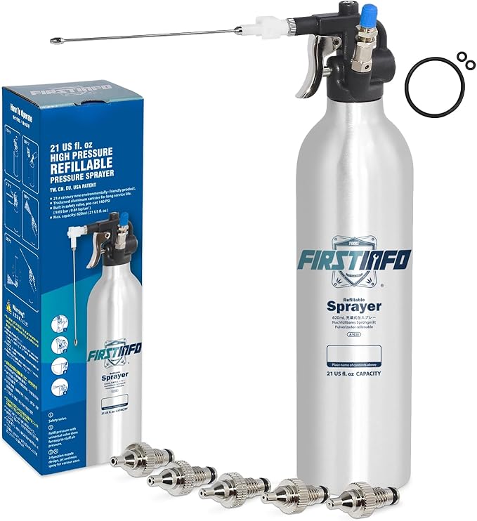 FIRSTINFO A1638Y5(3rd Gen) Patented Lightweight Max. Pressure 140psi / 620ml Thickened Aluminum Canister Refillable High Pressure Aerosol Spray Can/Pneumatic Compressed Air Sprayer
