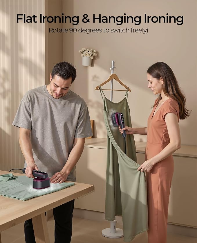 Travel Steamer for Clothes Portable:1200W Steam Iron for Clothes with 𝟏𝟓𝐬 𝐇𝐞𝐚𝐭 𝐔𝐩, 𝟓 𝐒𝐭𝐞𝐚𝐦 Settings - 350°F Large Ceramic Panel, Anti-Drip, 2-in-1 Handheld for Home