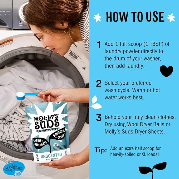 Molly's Suds Peppermint Laundry Detergent Powder (120 Loads) & 6 XL Wool Dryer Balls (White) Bundle