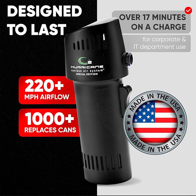 Canless Air System ESD Safe O2 Hurricane, Rechargeable Air Duster, 220+ MPH Cordless Cleaner for Clean Rooms, Eco Alternative, Black, Made in USA