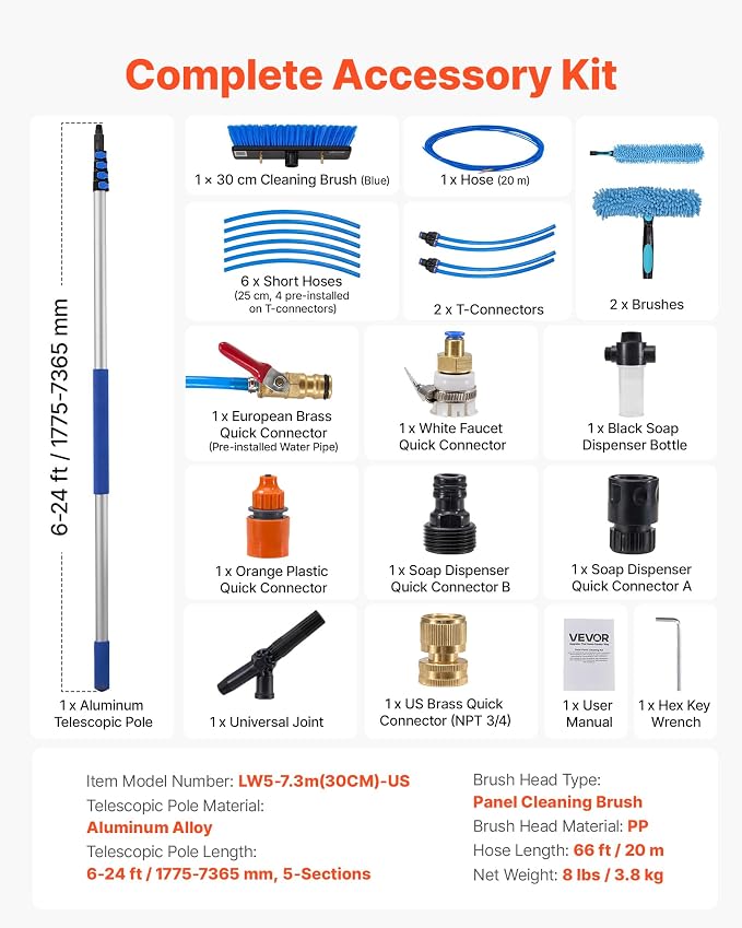 VEVOR Solar Panel Cleaning Kit, 24 ft, Water Fed Pole Kit with Cleaning Brush, Soap Dispenser, Extendable Aluminum Telescopic Pole, 180° Rotatable Brush Head, for Roof Mounted Solar Panels, Windows