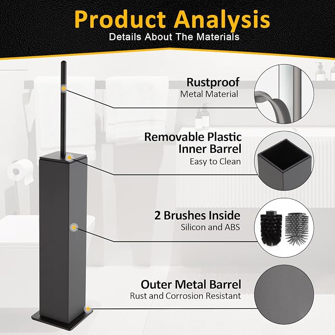 Toilet Brush and Holder Floor Standing, Gun Gray with 2 Replaceable Heads, Bathroom Toilet Brush, Freestanding Toilet Bowl Brush with Removable Liner and Splash Guard, Modern Square Design