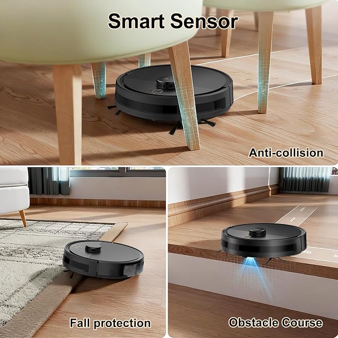 Robot Vacuum and Mop Combo, Robotic Vacuums with LiDAR Navigation, Smart Mapping, Strong Suction, with WiFi/App/Alexa/Voice Control, Obstacle Avoidance, for Home, Wood/Hard Floors, Pet Hair Black