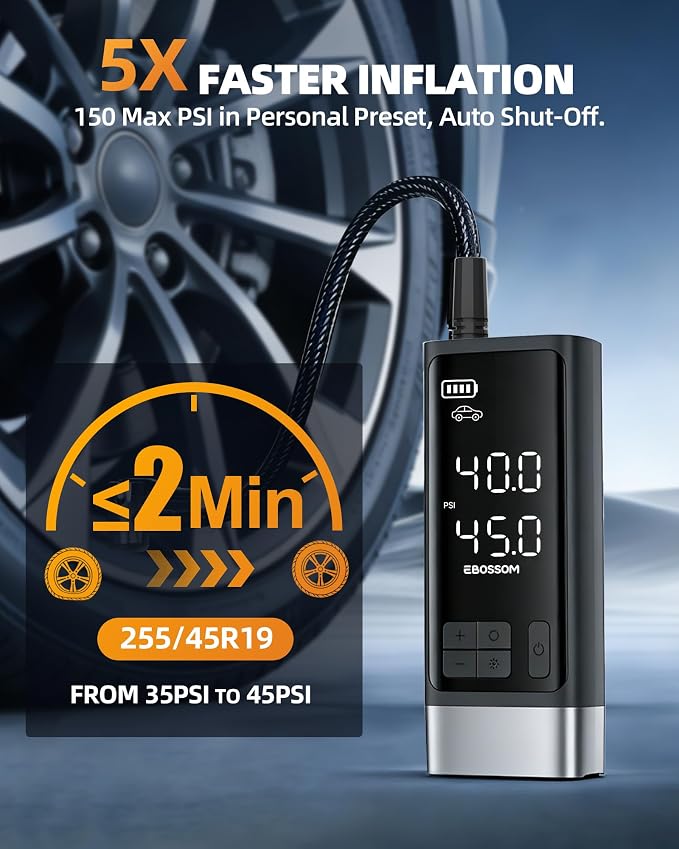 Portable Tire Inflator with Dual-Cylinder,5x Fast Inflation Car Air Compressor with Memory Function,150PSI Cordless,Tire Inflator Rechargeable with Battery,12V DC for Pickup,Car,Moto,Bikes,Balls