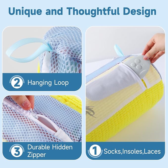 Shoe Bag for Washing Machine and Dryer - 2PCS XXL Reusable Shoe Laundry Bag with Shoe Tree - Chenille Microfiber 360°Deep Cleaning Bag for Sneakers Tennis Delicate Shoes - Yellow 15.35 × 7.5 Inches