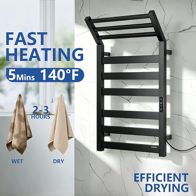 Towel Warmer Rack with WiFi, 6 Bars Large Towel Racks with Temperature & Timing Control, Foldable Bracket, Digital Display, Stainless Steel, Plug-in, Wall Mounted, Black