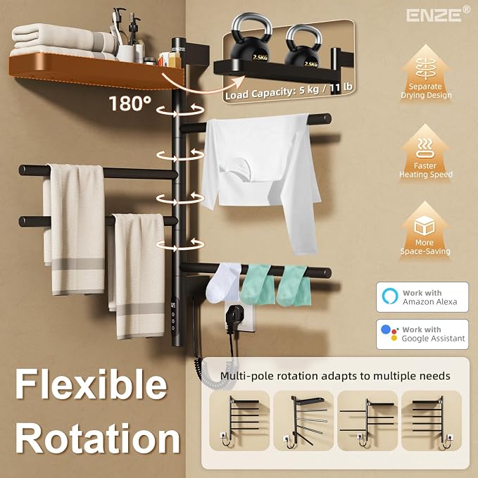ENZE Smart Rotating Heated Towel Rack for Bathroom, 4-Bar Wall-Mounted Electric Towel Warmer with Swivel Shelf, Wi-Fi App Control, 24H Timer, Stainless Steel, IPX5, Hardwired/Plug-in, Matte Black