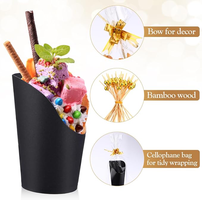 Bokon 100 Set 14 oz Charcuterie Cup with Stick and Bag, Disposable French Fries Snack Popcorn Dessert Fruit Holder for Birthday Wedding Graduation Party Supplies(Black)