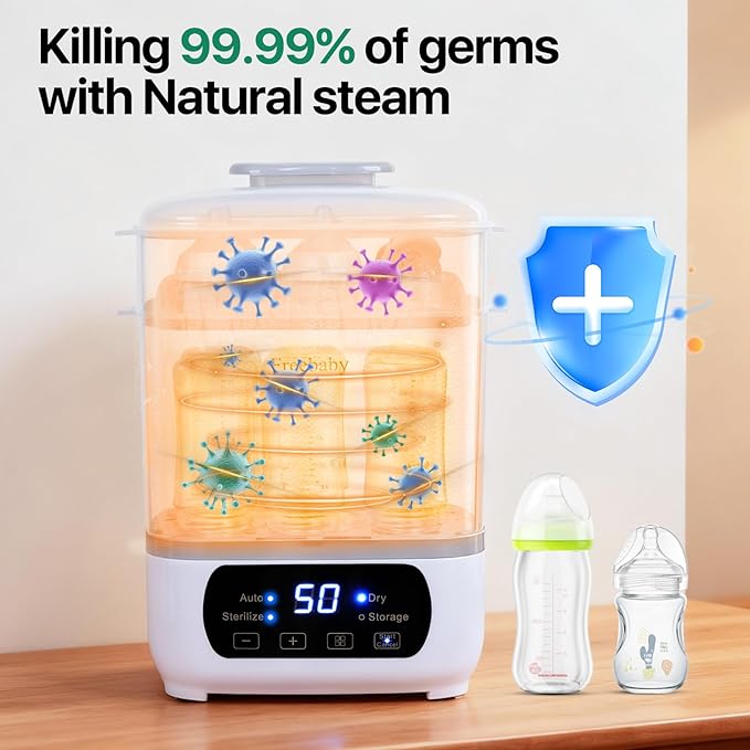 Freebaby Baby Bottle Steamer and Dryer, All-in-One Sterilizer and Dryer for All Baby Bottle, Bottle Sanitizer for Pacifiers&Breast Pump Parts, 8 Bottles Capacity and Auto-Off