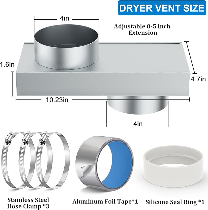 Upgraded 84049 Stainless Steel Periscope Dryer Vent, 0-5" Telescoping Adjustable Dryer Vent Connector Kit, Space-Saving Close-to-Wall Short Small Dryer Replacement Vents,Anti-Leakage Seal Ring & Clamp