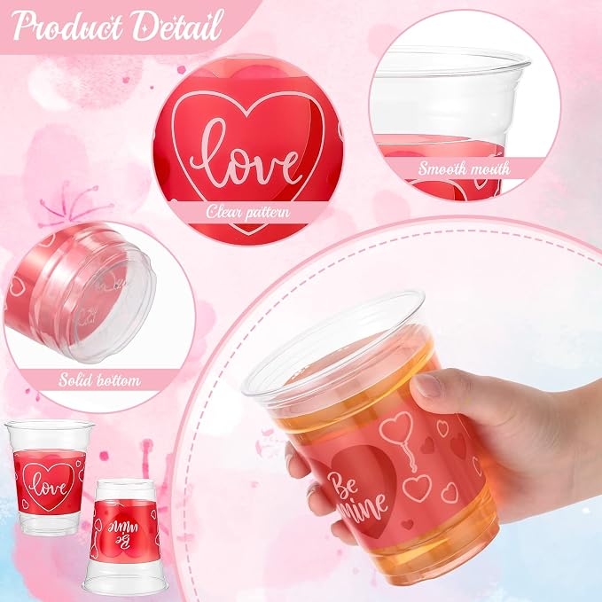 Meanplan 100 Pcs 12 oz Valentine Plastic Cups Bulk Valentine Drinking Cups Pink Heart Glasses Drinking Galentine Day Party Favor Supplies for Beverages Iced Juice Wedding Anniversary(Be Mine Style)