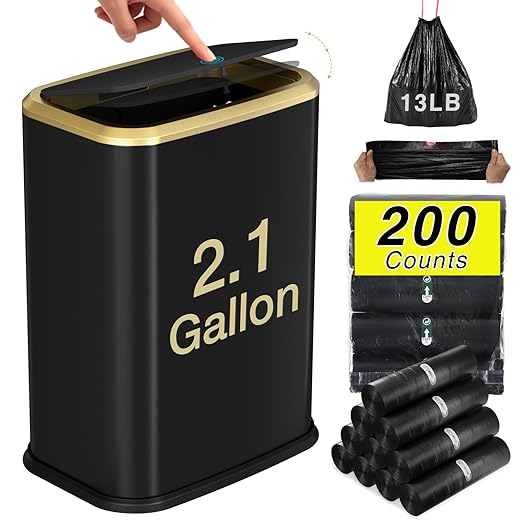 Bathroom Trash Can with Lid 8L/2.1 Gallon Black Trash Can Small Garbage Can with Press Top Lid Slim Stainless Steel Garbage Can with 100 Counts Trash Bags for Bathroom Bedroom Kitchen Office Toilet