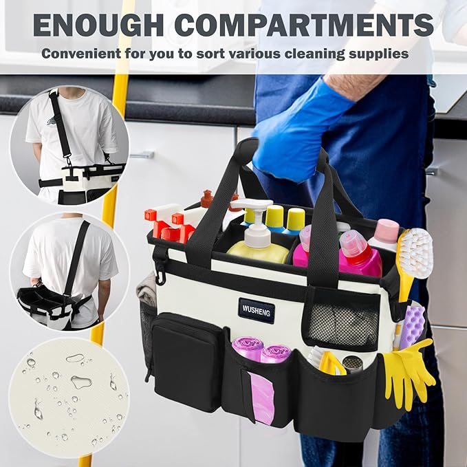 Wearable Cleaning Caddy Bag,Cleaning Supply Tote for Cleaning Supplies, Cleaning Organizer with Adjustable Shoulder and Waist Straps for Cleaners Housekeepers (Black-White, Large)