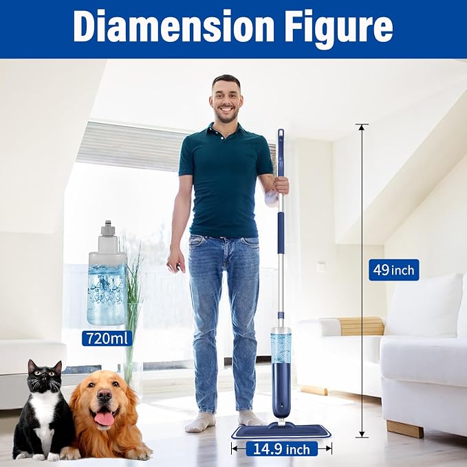 PowerMop Floor Mop with 720 ml Refillable Bottle & 3 Microfiber Pads | Powered wet dry mop for kitchen, wood, hardwood, laminate, ceramic tile floors, with washable pads and refillable bottle
