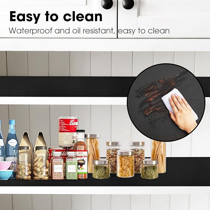 Drawer and Shelf Liner, Non-Slip Kitchen Cabinet Liners Non-Adhesive Thick Strong Grip Waterproof Washable Mats Protect Dresser Shelves Cupboard Bathroom Cabinets, Black, 24 in X 20 FT