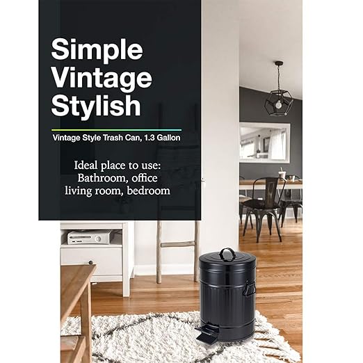 Bathroom Trash Can with Lid, Small Waste Basket for Home Bedroom, Retro Step Garbage Can with Soft Close, Vintage Office Trash Can, 5 Liter/ 1.3 Gallon, Glossy Black