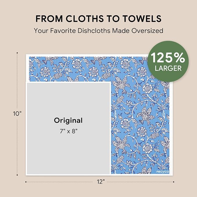 RECYCO Swedish Dishcloths for Kitchen | 4 Pack Oversized Washable Dish Rags | Large Cellulose Reusable Cleaning Paper Towels | Absorbent Counter Dish Cloth Sponge XL Kitchen Wipes, 12" L x 10" W