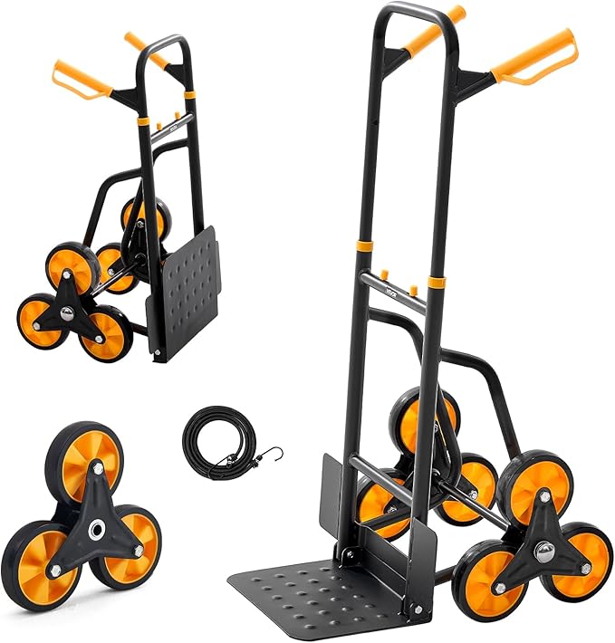 VEVOR Stair Climbing Cart, 770 lbs Stair-Climbing Capacity, Heavy-Duty Folding Trolley Cart with Telescoping Handle, 6 Wheels and 2 Bungee Cords, Stair Climber Dolly for Home, Groceries, Warehouse