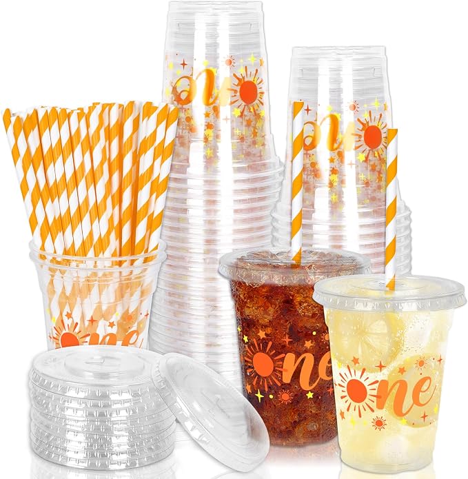 Whaline 50 Pcs One Sun Disposable Plastic Cups with Lids and Straws 12 Oz Boho Sunshine Cold Beverage Drinking Cups for First Birthday Baby Shower Party Supplies