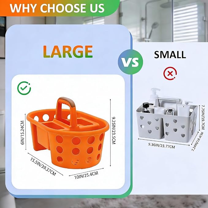 SIMPLYKLEEN Large Shower Caddy Portable 2PC - Made in USA Plastic Jumbo Size Dorm Storage Candy Tote with Handle Shower Organizer for Bathroom, Pantry, Kitchen, College Dorm, Green/Orange