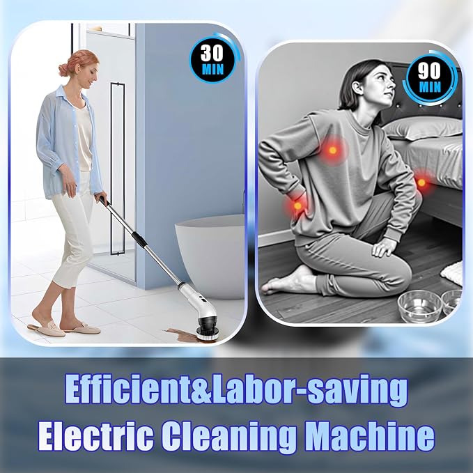 Electric Spin Scrubber, Cordless Bathroom Scrubber Brush with 9 Replaceable Heads,3-Speed Electric Scrubber with Adjustable Handle,IPX7 Shower Scrubber for Bathroom Tile,Kitchen Countertop,Car Trunk