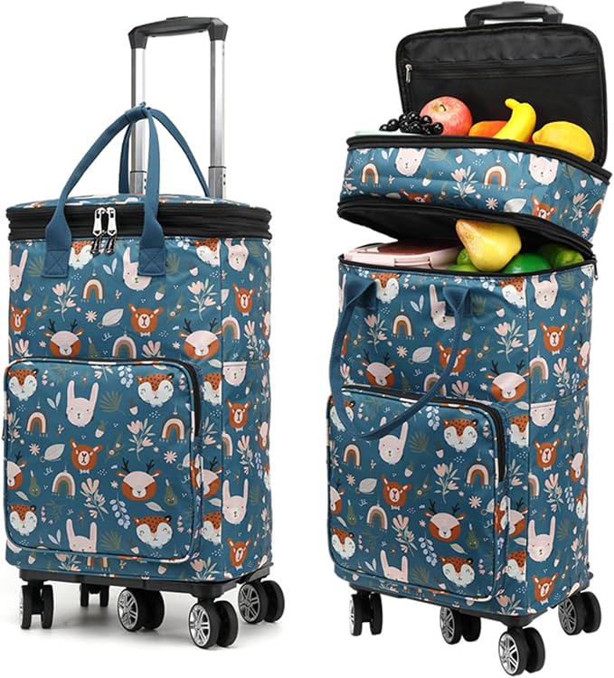 2 in 1 Shopping Cart with Wheels, Grocery, Portable Utility Dolly, Luggage Cart, Foldable Hand Truck with Built-in Removable Waterproof Bag for Shopping, Camping, Travel (Animal World)