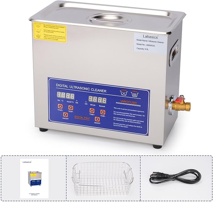 Labasics Ultrasonic Cleaner, Professional All-Purpose Stainless Steel Ultrasonic Washing Device with Digital Display Timer and Heat Control for Laboratory 110V, 6.5L