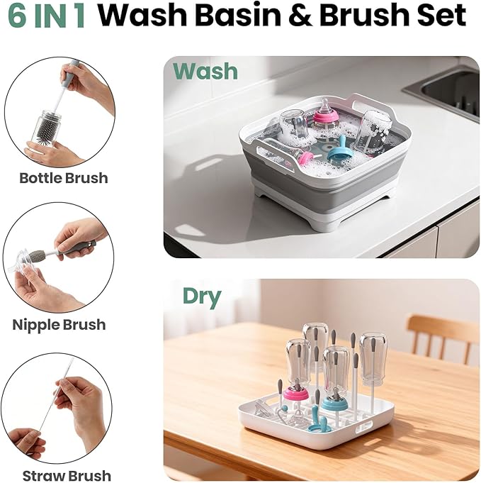 Volnamal Collapsible Wash Basin for Baby Bottles - Portable 2.4 Gallon Dish Tub with Drying Rack & Lid, Foldable Sink for Camping, Outdoor Space-Saving Tub for Kitchen, RV, Camping, Outdoor Use