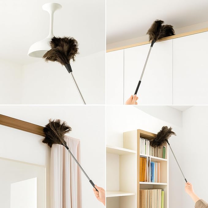 Ostrich Feather Duster, 51 Inch (1.3m) Long Reach Extendable Telescopic Pole, Natural Soft Dusting Brush for Furniture, Blinds, Ceiling Fans and Office Cleaning