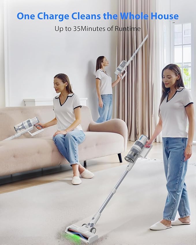 Cordless Vacuum Cleaner, 45KPA Stick Vacuum Cleaners for Home, 6-in-1 Rechargeable Lightweight Vacuum, Up to 35Mins Runtime, with Powerful Suction for Carpets, Pet Hair, Hardwood Floors