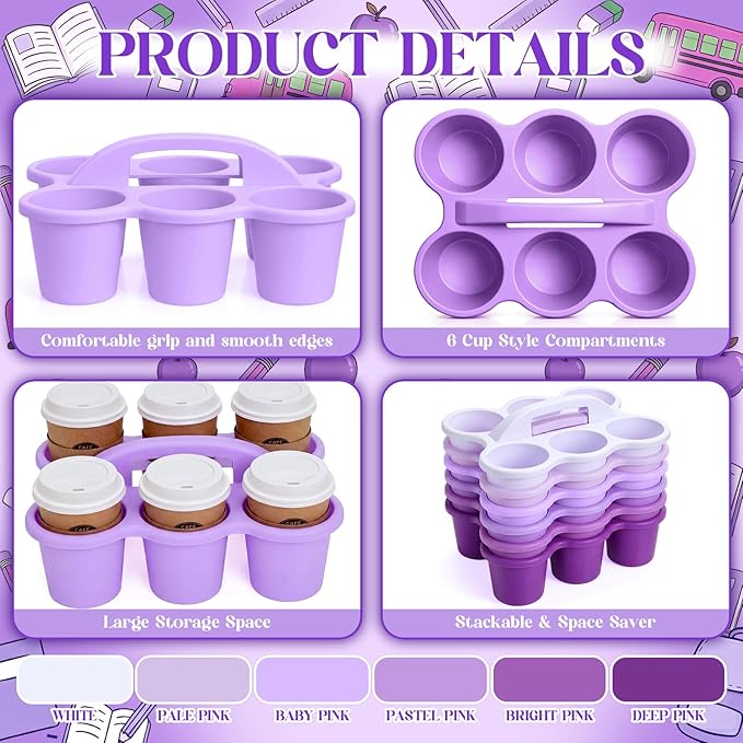 Suclain 6 Pcs Caddy Storage Basket with Handle, Plastic Drink Cup Caddy Holder, 6 Compartments for Table, Office, Arts, Crafts, Crayon, Marker, Pencil(Purple)
