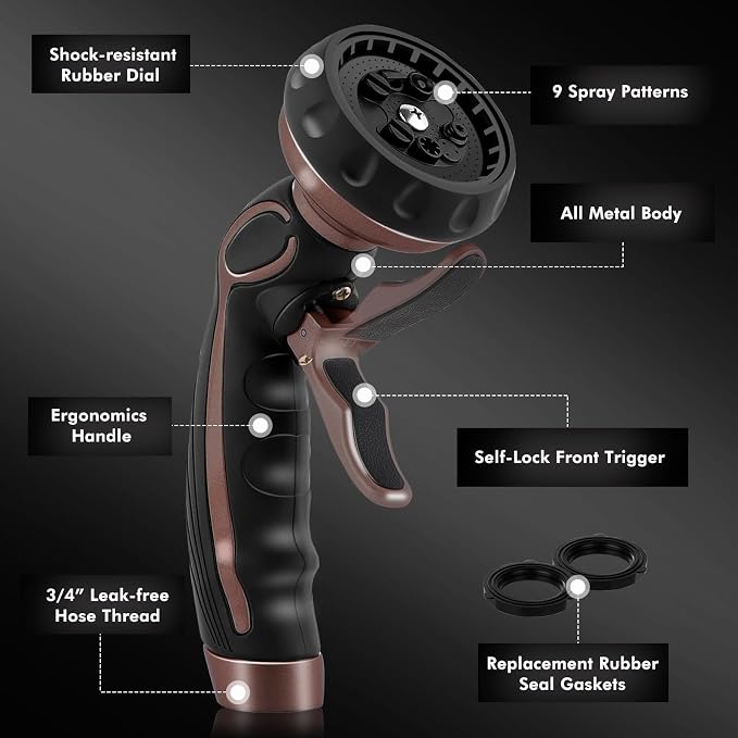 RESTMO Hose Nozzle with Easy Self-Lock Trigger, Heavy Duty Metal Water Hose Sprayer with 9 Spray Patterns and On/Off Valve, High Pressure | Thumb Flow Control, Ideal for Outdoor Lawn & Plant Watering