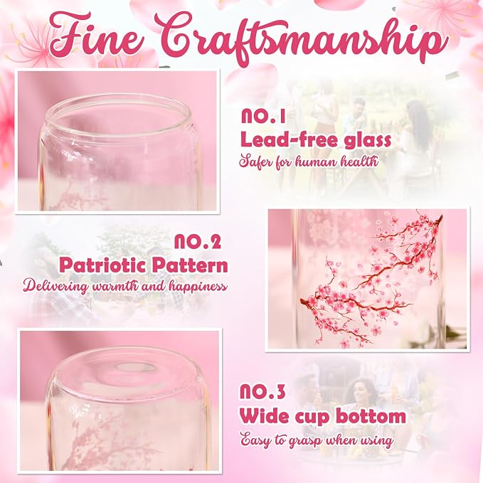 Sliner 2 Pcs Cherry Blossom Glass Cups Floral Drinking Glasses Sakura Iced Coffee Tumbler with Lid Straw Cleaning Brush 16 oz Beer Can Tumbler Holiday Gifts for Home Office Decorations