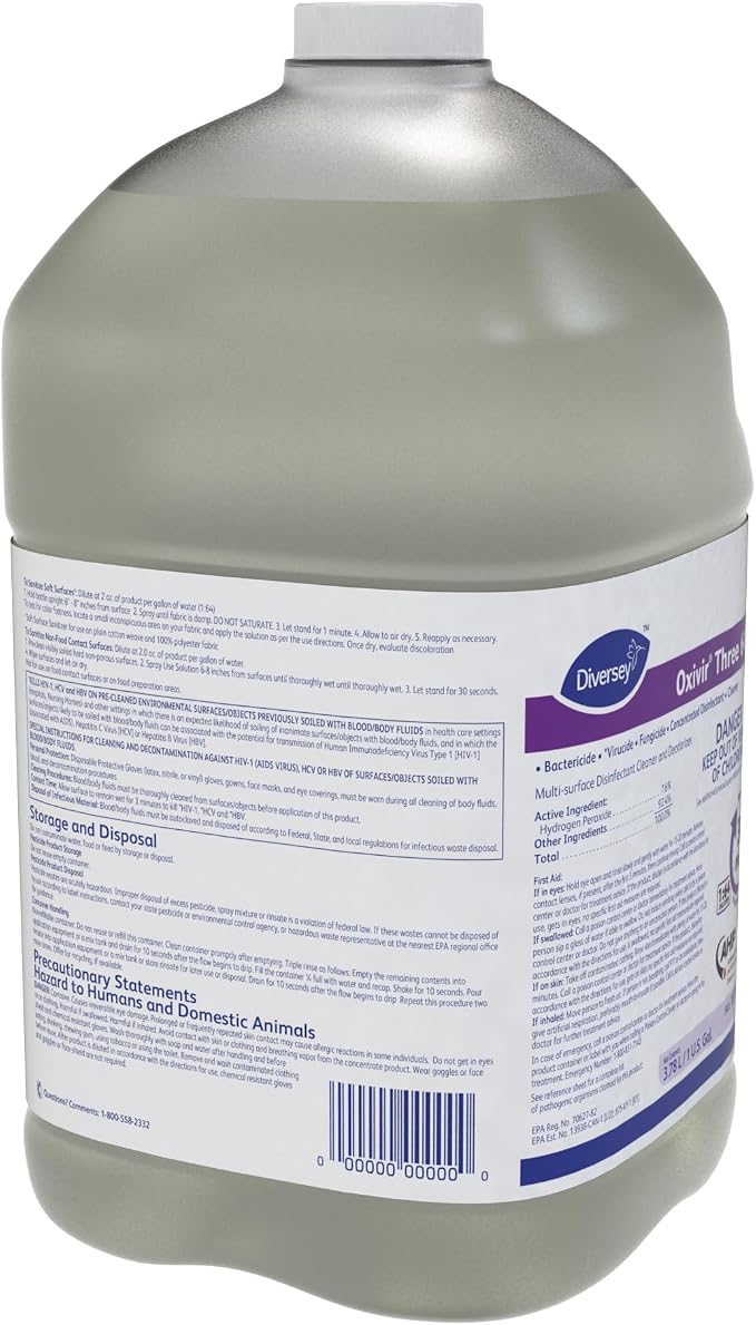 Diversey 101106001 Oxivir Three 64 Liquid Disinfectant Powered by Accelerated Hydrogen Peroxide (AHP), Unscented, Concentrate, 1-Gallon (Pack of 4)