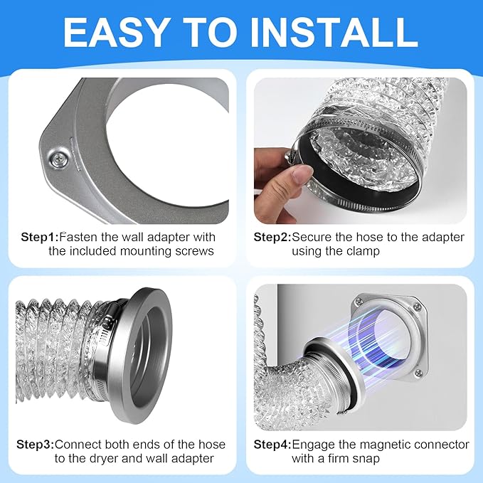 Magnetic Dryer Vent Connector Kit, 4-Inch by 31.5-Inch Aluminum Foil Hose with Clamps, Magnetic Coupling for Dryer Vent Cleaning and Replacement, Laundry Room Essential