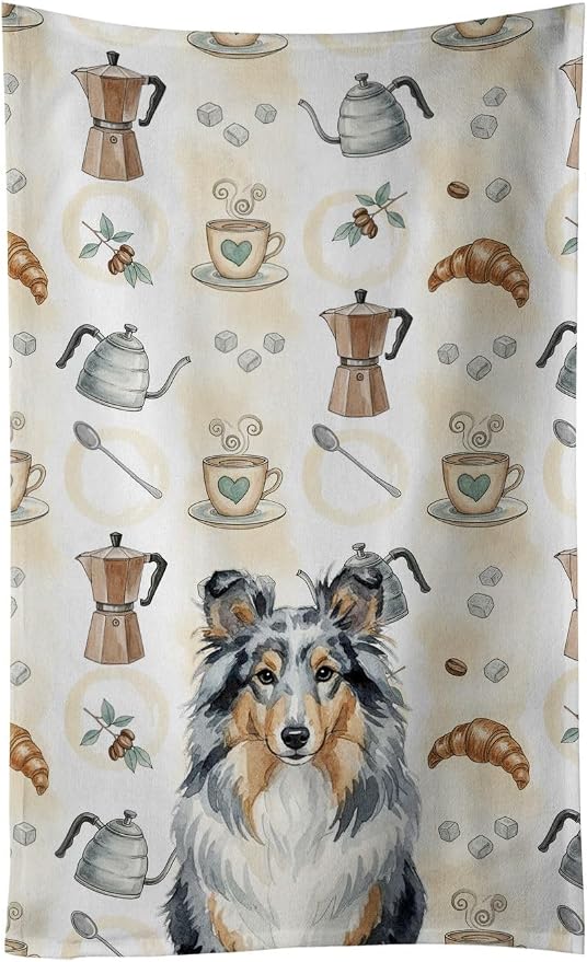 Caroline's Treasures Blue Merle Sheltie Coffee Bar Kitchen Towel Velour Plush Front and Cotton Loop Back Machine Washable